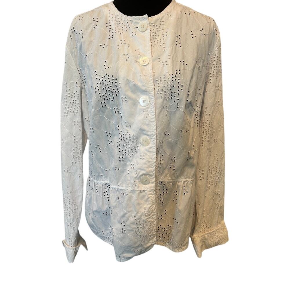 Live a Little White Eyelet Embroidered Peplum Jacket, Size L - Cottagecore
